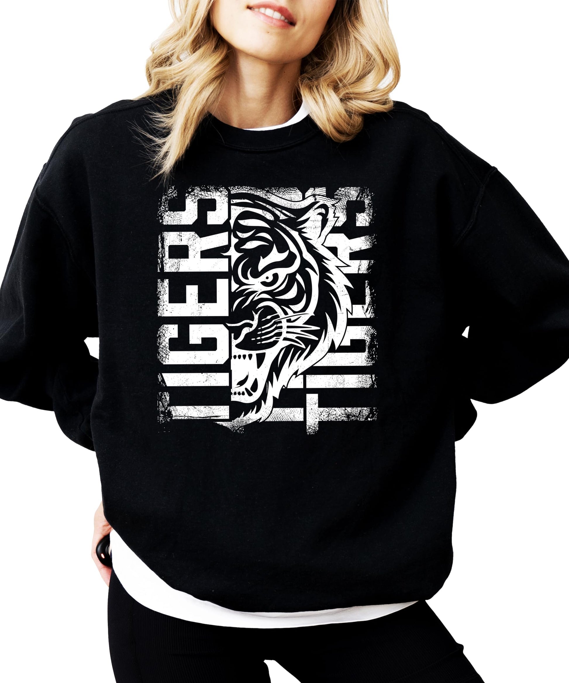 Model wearing Tigers team spirit sweatshirt showing unisex fit and sizing