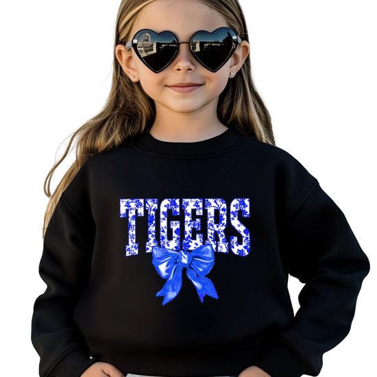 White Tigers pullover sweatshirt with blue floral text and matching bow design element