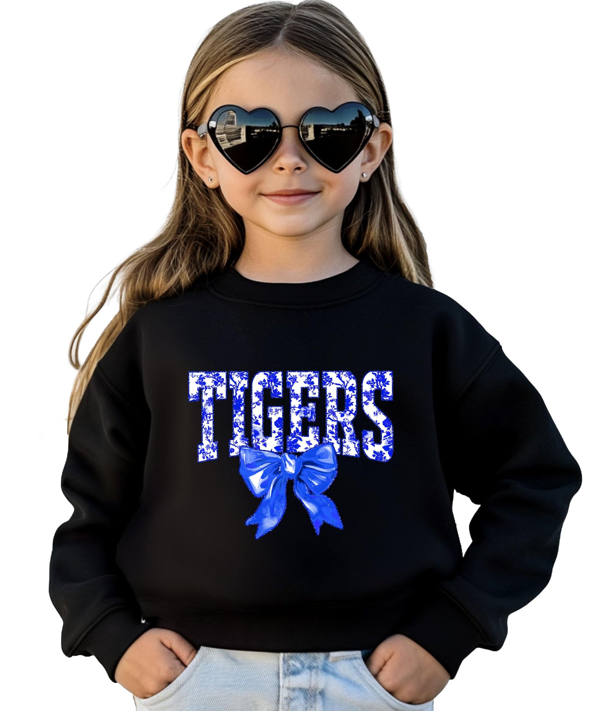White Tigers pullover sweatshirt with blue floral text and matching bow design element