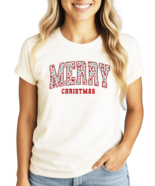 Floral Merry Christmas Shirt for Women, Teens & Kids Matching Family Festive Holiday Tee