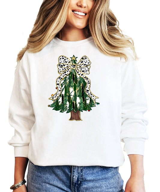 Christmas Tree with Dalmatian Bow and Gold Star Topper Sweatshirt for Women Teens and Kids