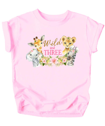 Wild and Three Birthday Shirt for Girls – Safari Jungle Animals 3rd Birthday Graphic T-shirt Natural Shirt 5-6