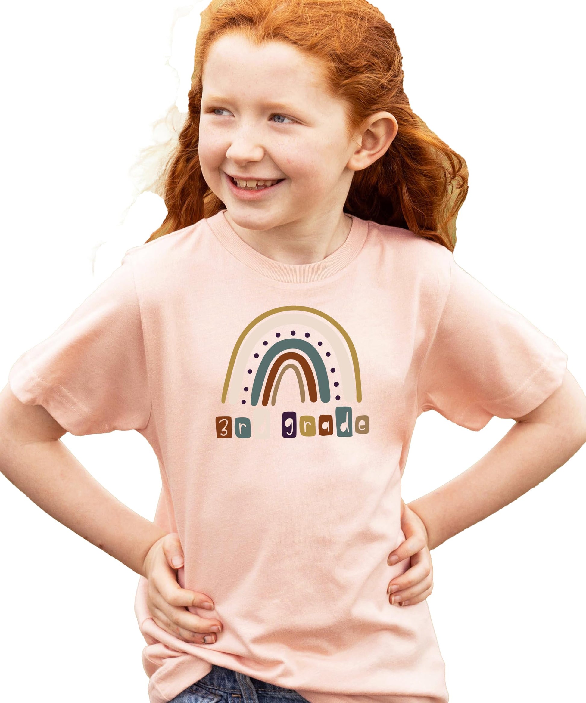 Detail shot of 3rd Grade First Day of School rainbow design on pink youth shirt