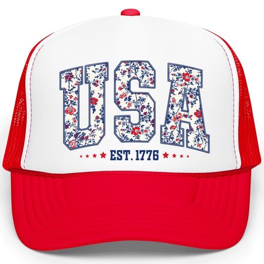USA 1776 Faux Embroidery Floral Trucker Hat for Women Foam Front Classic 5 Panel Foam Front Trucker