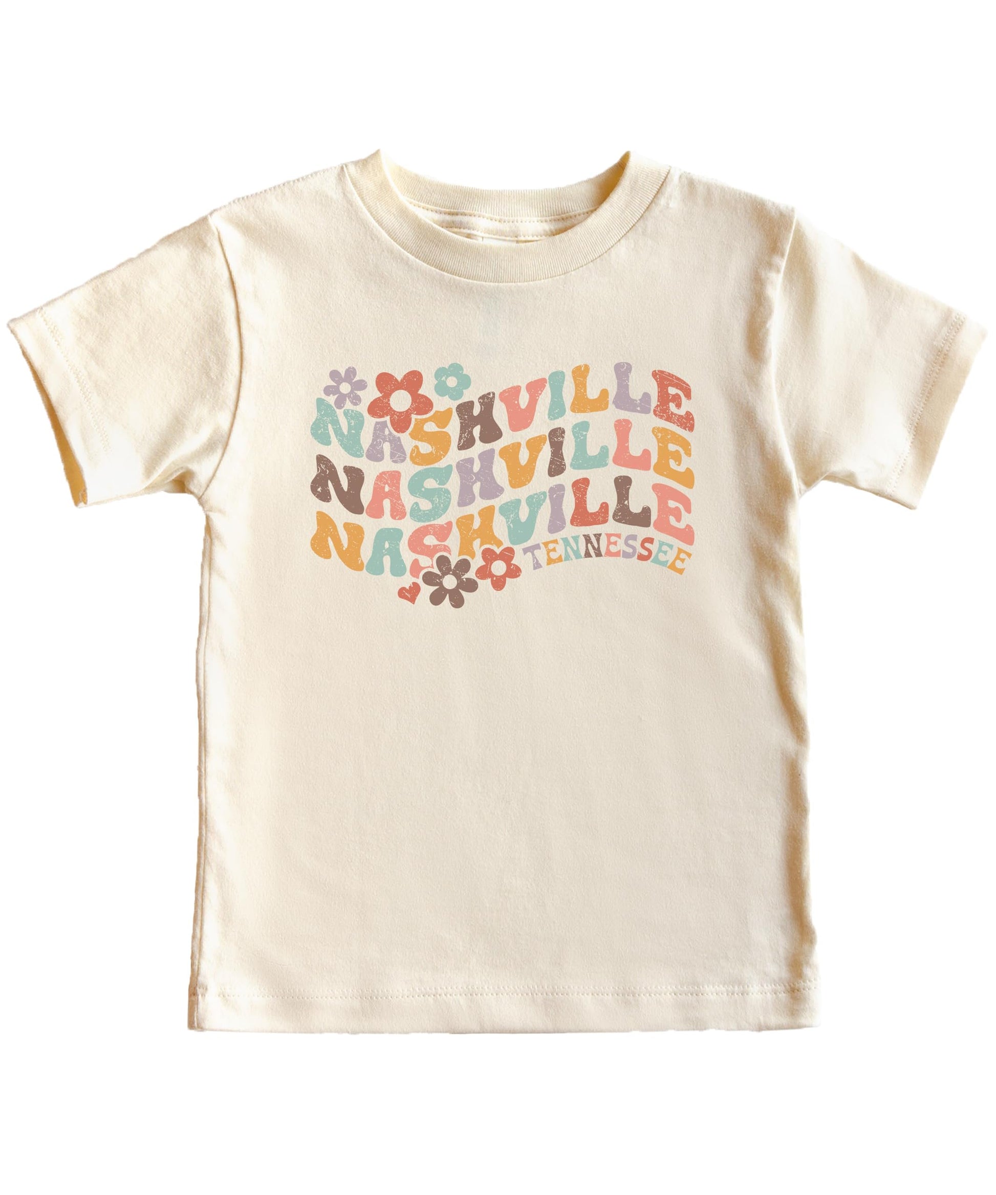 Close-up of Nashville Tennessee groovy print with flower accents on natural shirt