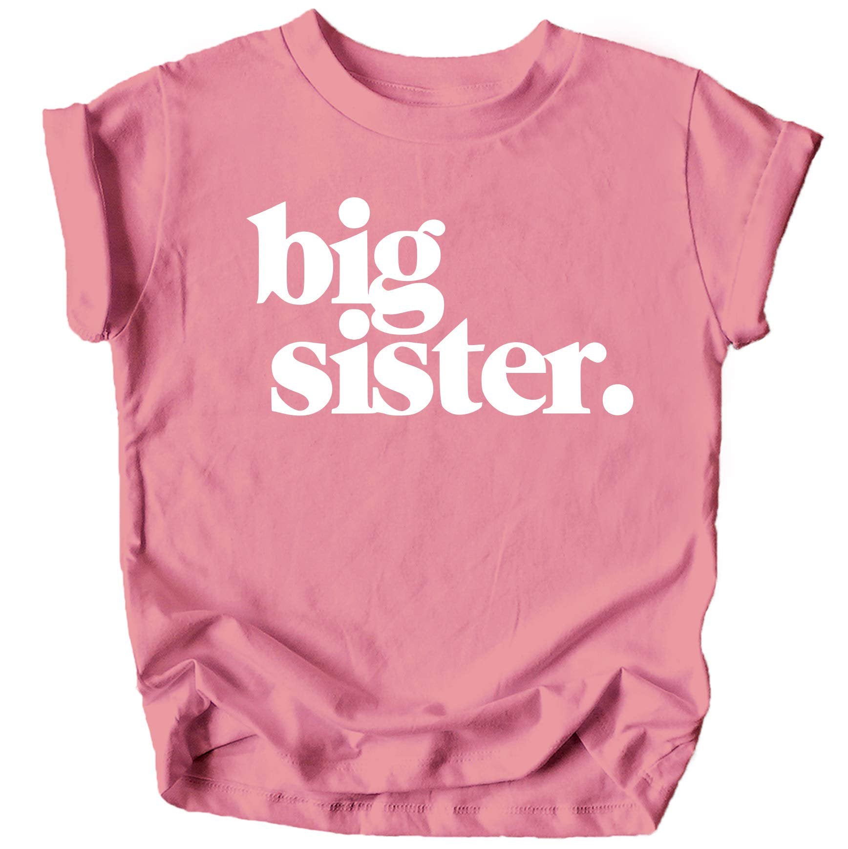 Close-up of white Big Sister graphic print on purple youth shirt