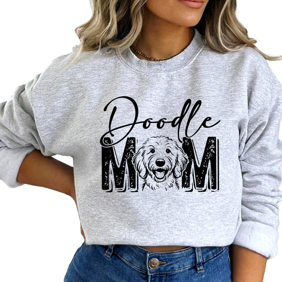 Detail shot of Doodle Mom sweatshirt fabric and print quality on gray crewneck