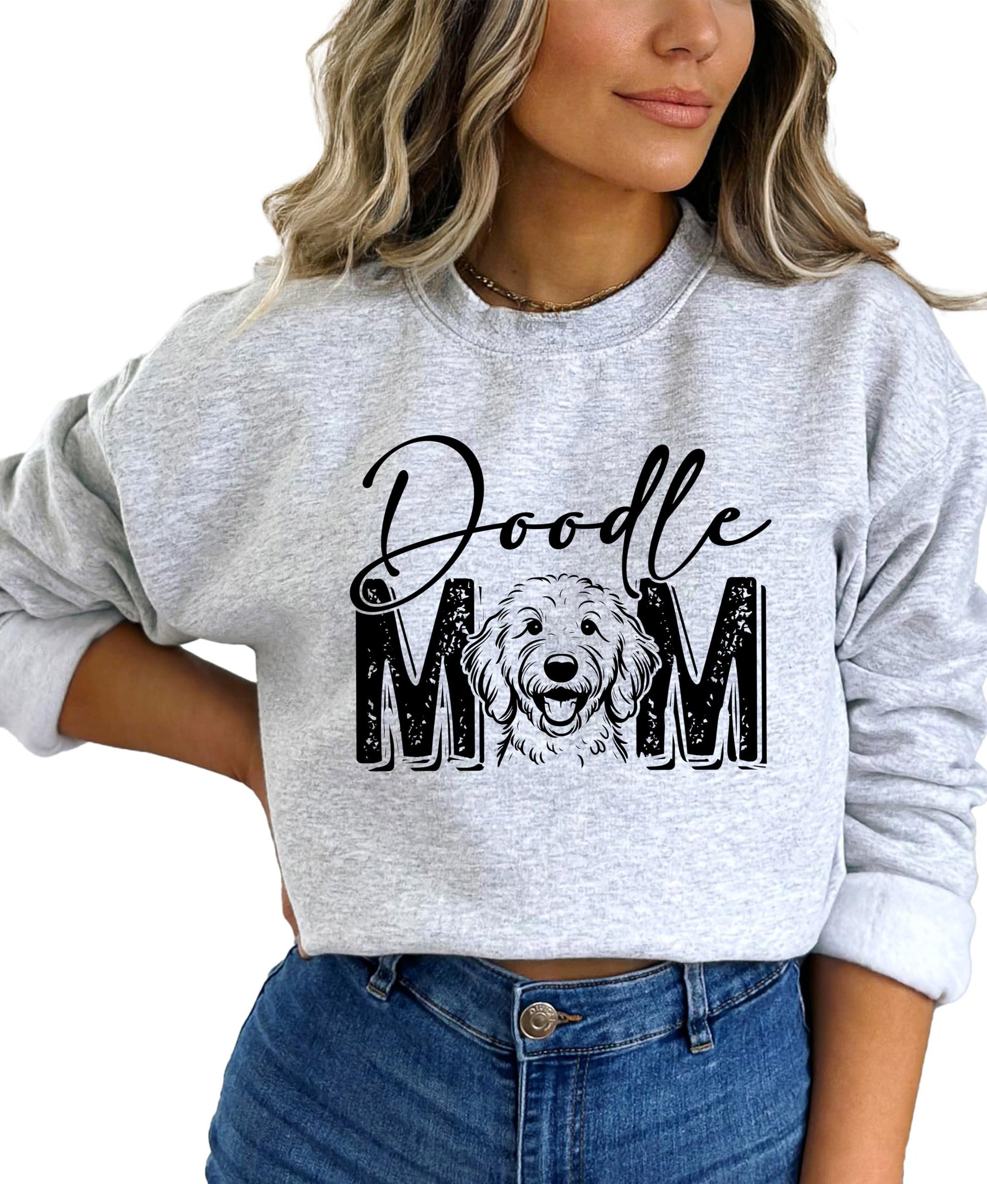 Detail shot of Doodle Mom sweatshirt fabric and print quality on gray crewneck
