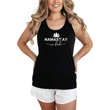 Namast'ay in Bed Tank Top for Women and Teens Funny Yoga and Meditation Tee Lotus Flower Shirt Black Tank Top Large