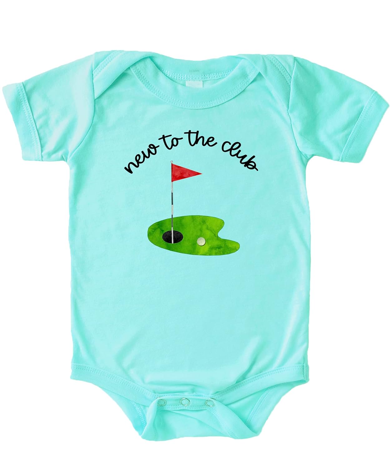 Close-up of New to the Club golf graphic with red pin flag and golf ball on natural bodysuit