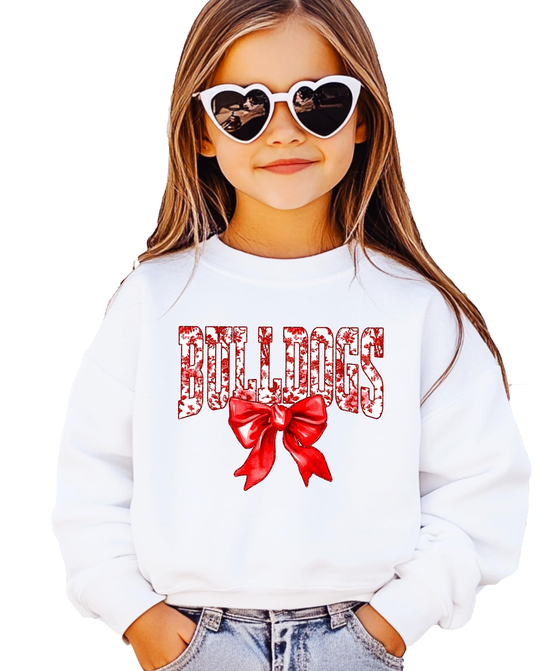 Bulldogs school spirit sweatshirt with red bow design on black fabric