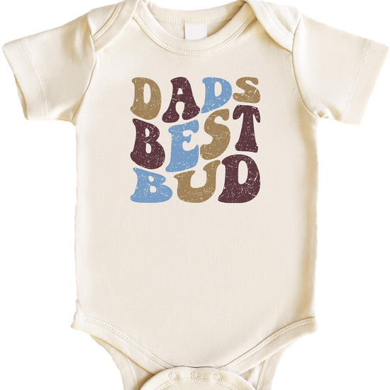 Dad's Best Bud retro earthy graphic baby bodysuit in natural color for newborn boys