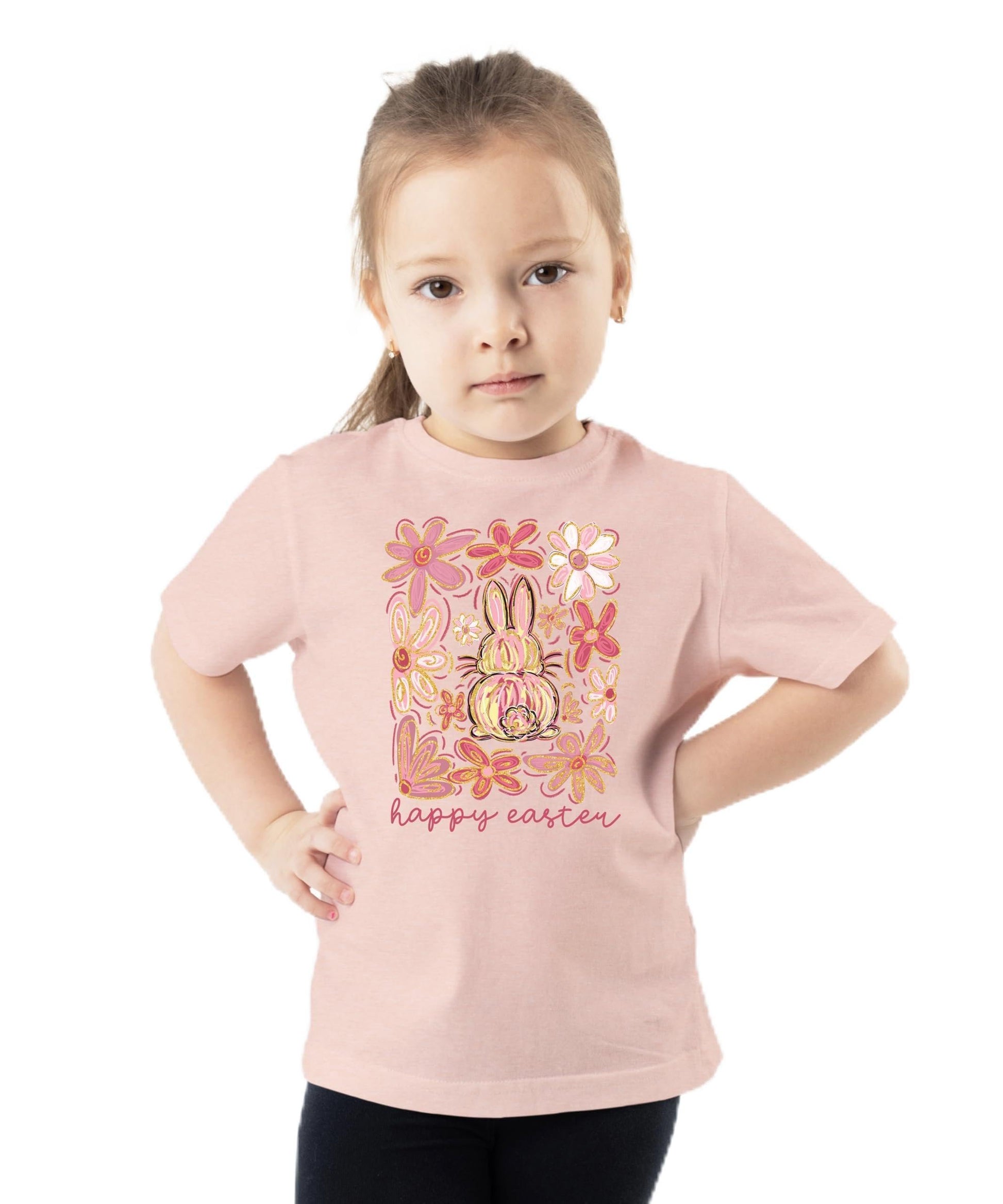 Close-up of vibrant floral bunny print on peach Easter t-shirt — Olive Loves Apple graphic apparel