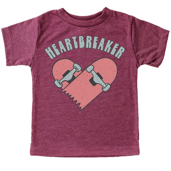 Close-up of heartbreaker skateboard print on vintage hot pink Valentine's Day tee