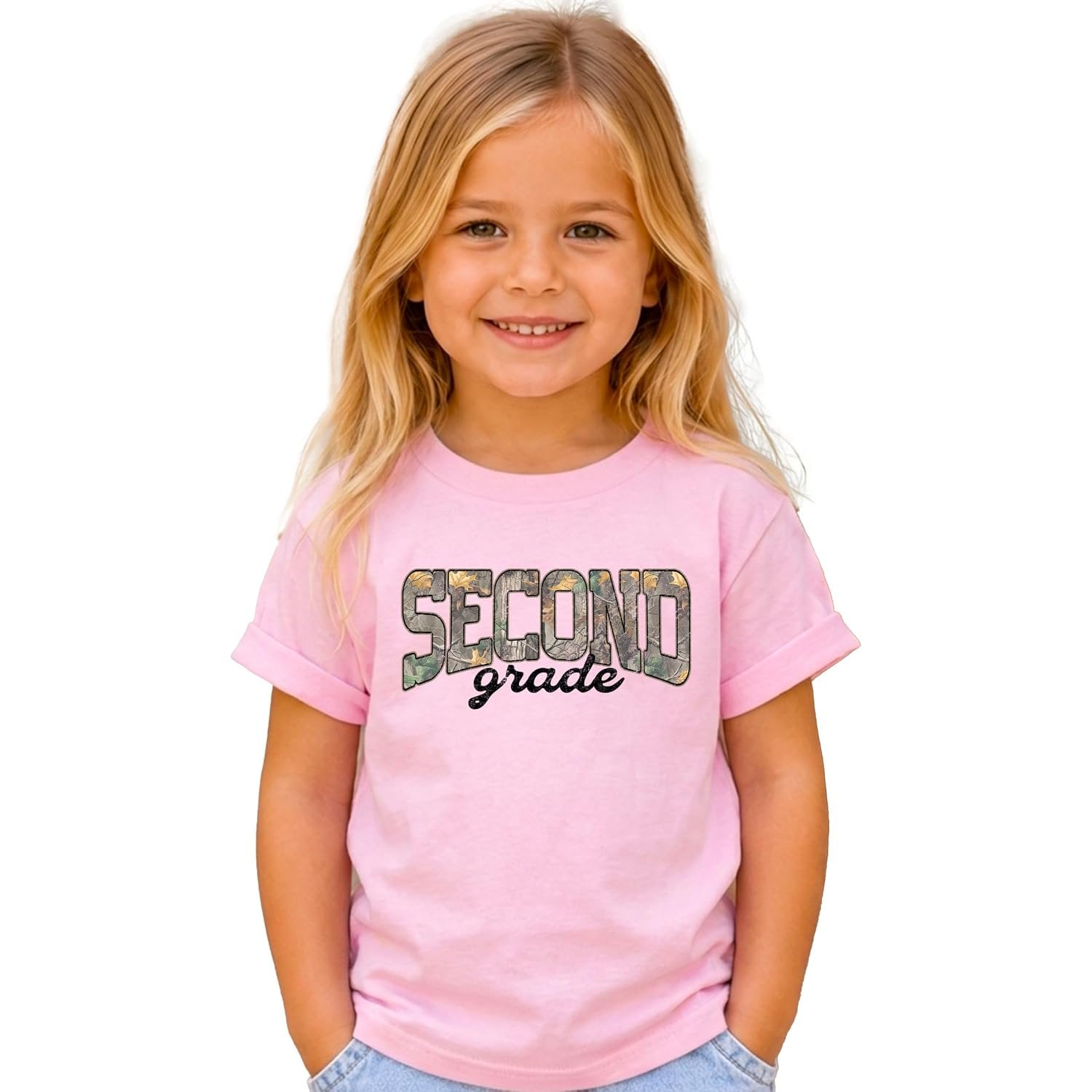 Second grade camo tees displayed in all three colorways: natural, pink, and military green