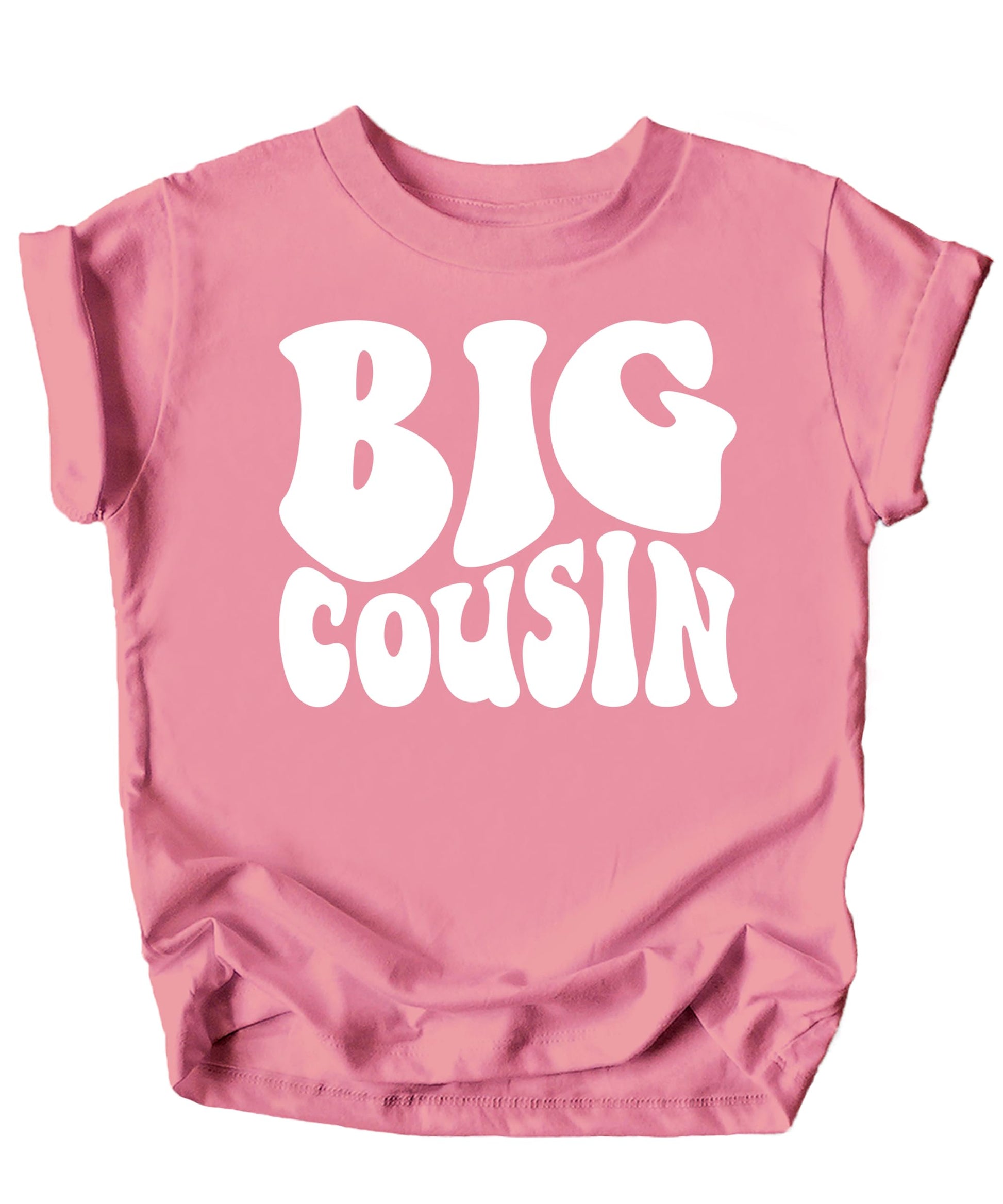 Close-up of white retro groovy Big Cousin print on military green kids shirt