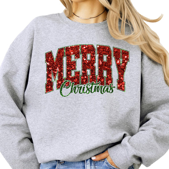 Gray holiday sweatshirt with Merry Christmas design in red and green faux glitter lettering