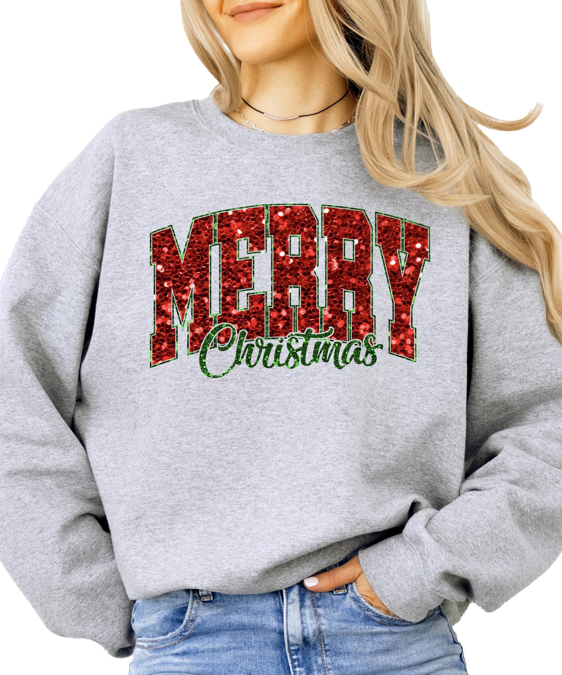 Gray holiday sweatshirt with Merry Christmas design in red and green faux glitter lettering