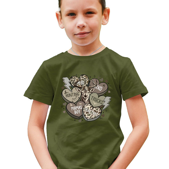 Kids Valentine's shirt with Mama's Boy camo heart design, styled on youth model