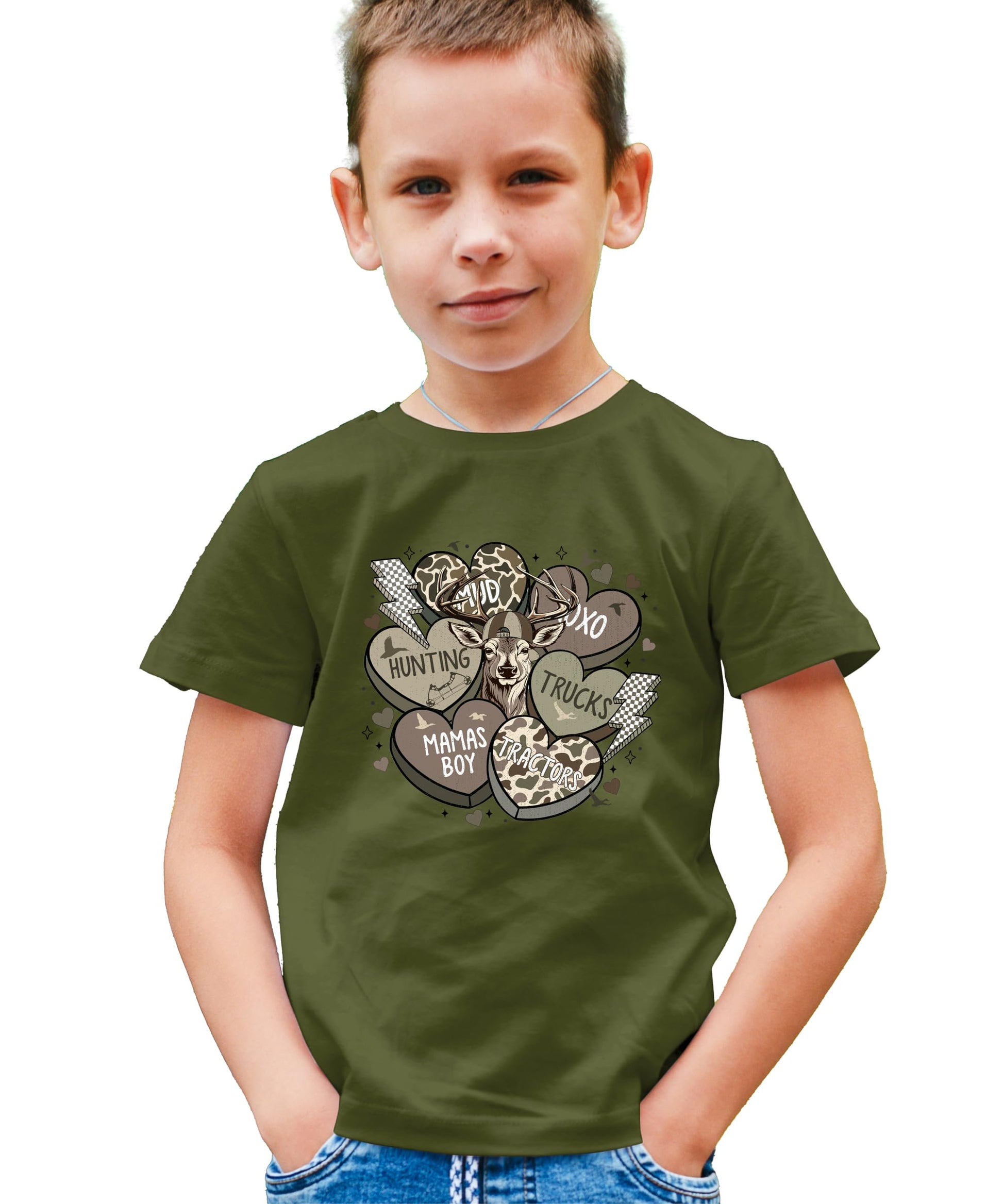 Kids Valentine's shirt with Mama's Boy camo heart design, styled on youth model