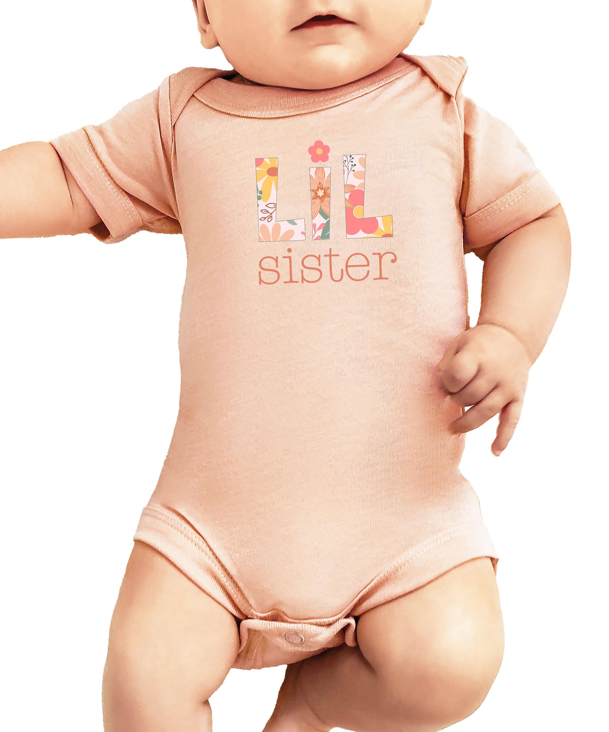 Peach baby bodysuit with floral 'Lil Sister' letter design for newborn girls