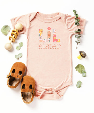 Lil Sister Floral Baby Bodysuit | Sibling Matching Peach