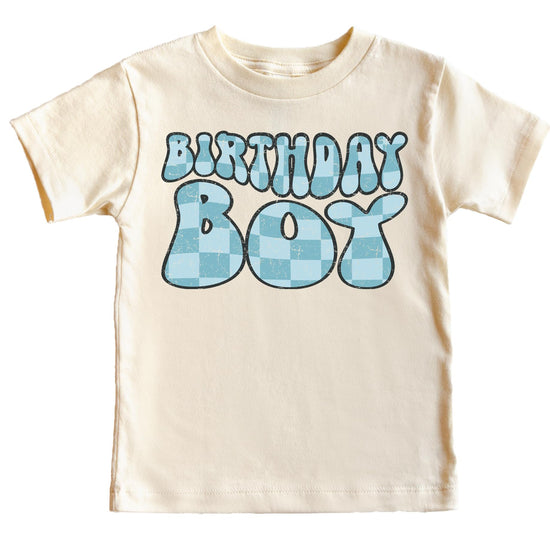 Front view of groovy birthday boy shirt with blue check design for toddler boys