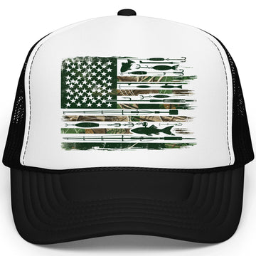 American Flag Fishing Trucker Hat for Men Classic 5 Panel Foam Front Mesh Snapback