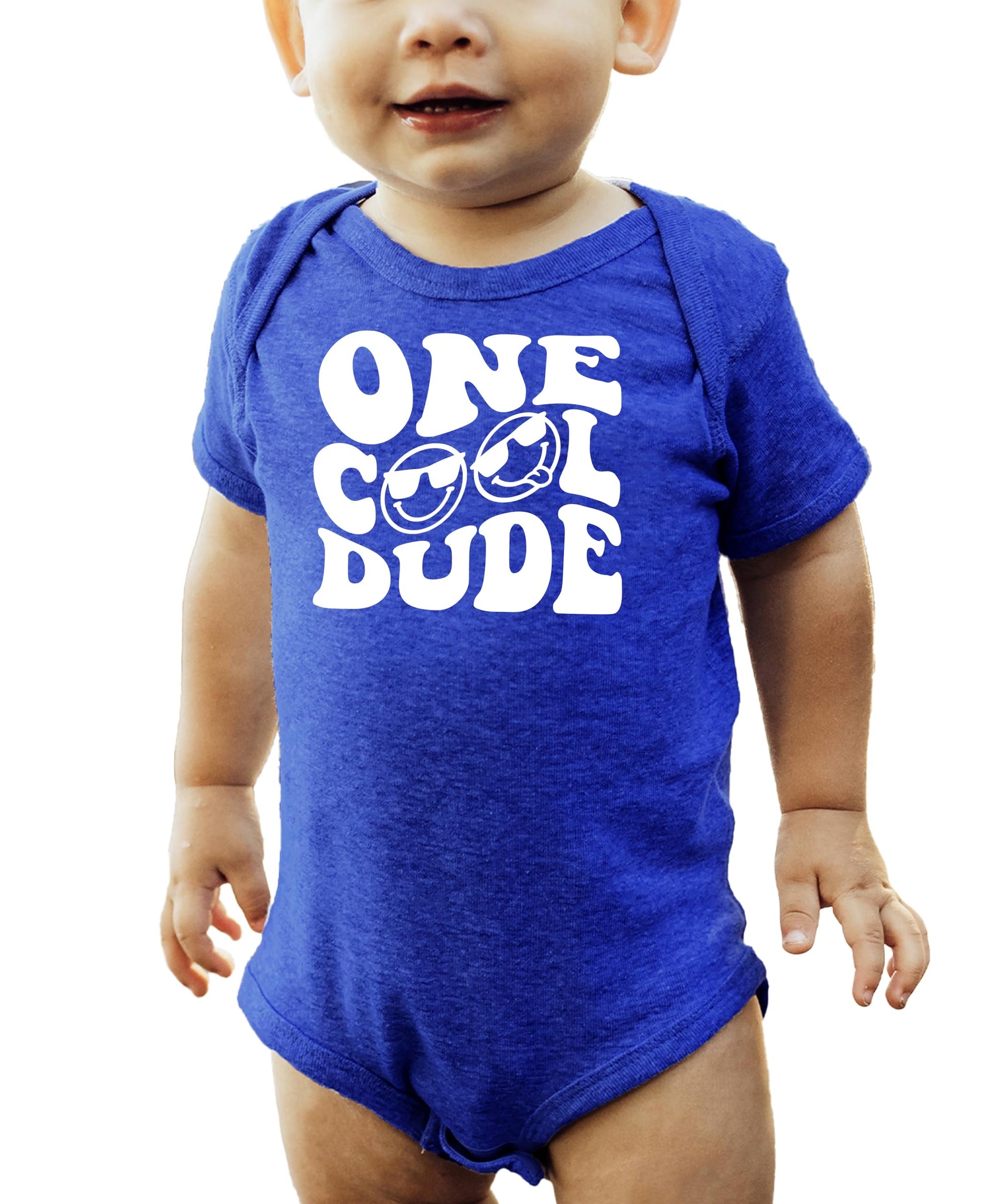 Baby boy wearing One Cool Dude black first birthday bodysuit with retro sunglasses graphic