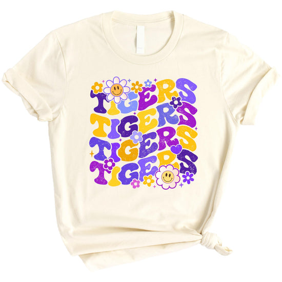 Purple Tigers team shirt displayed with matching baby bodysuit option