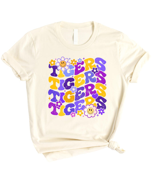 Purple Tigers team shirt displayed with matching baby bodysuit option