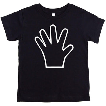 Close-up of five fingers hand print design on kids birthday shirt