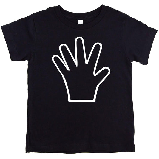 Close-up of five fingers hand print design on kids birthday shirt
