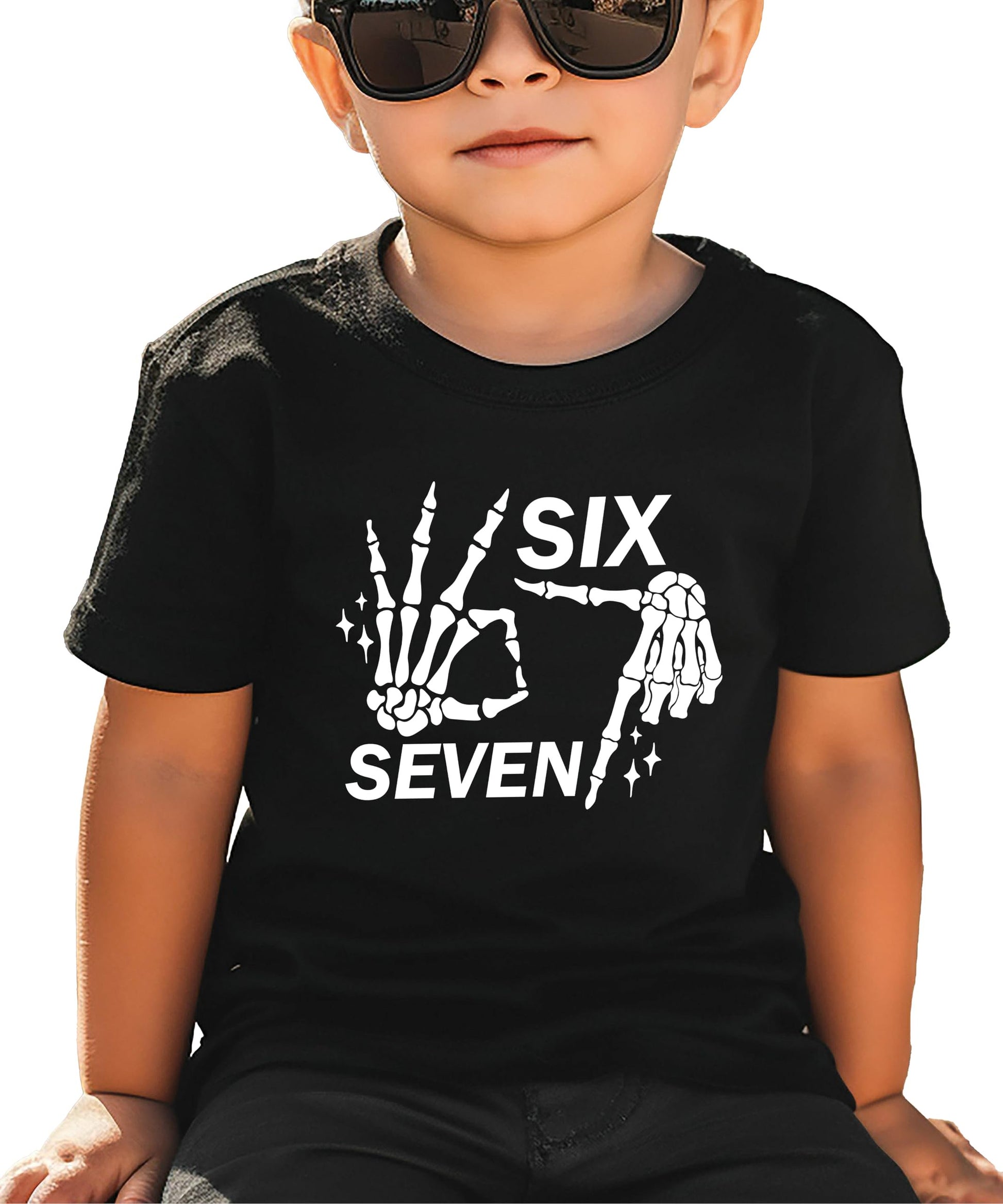 Model wearing six seven skeleton hand Halloween meme tee in casual setting