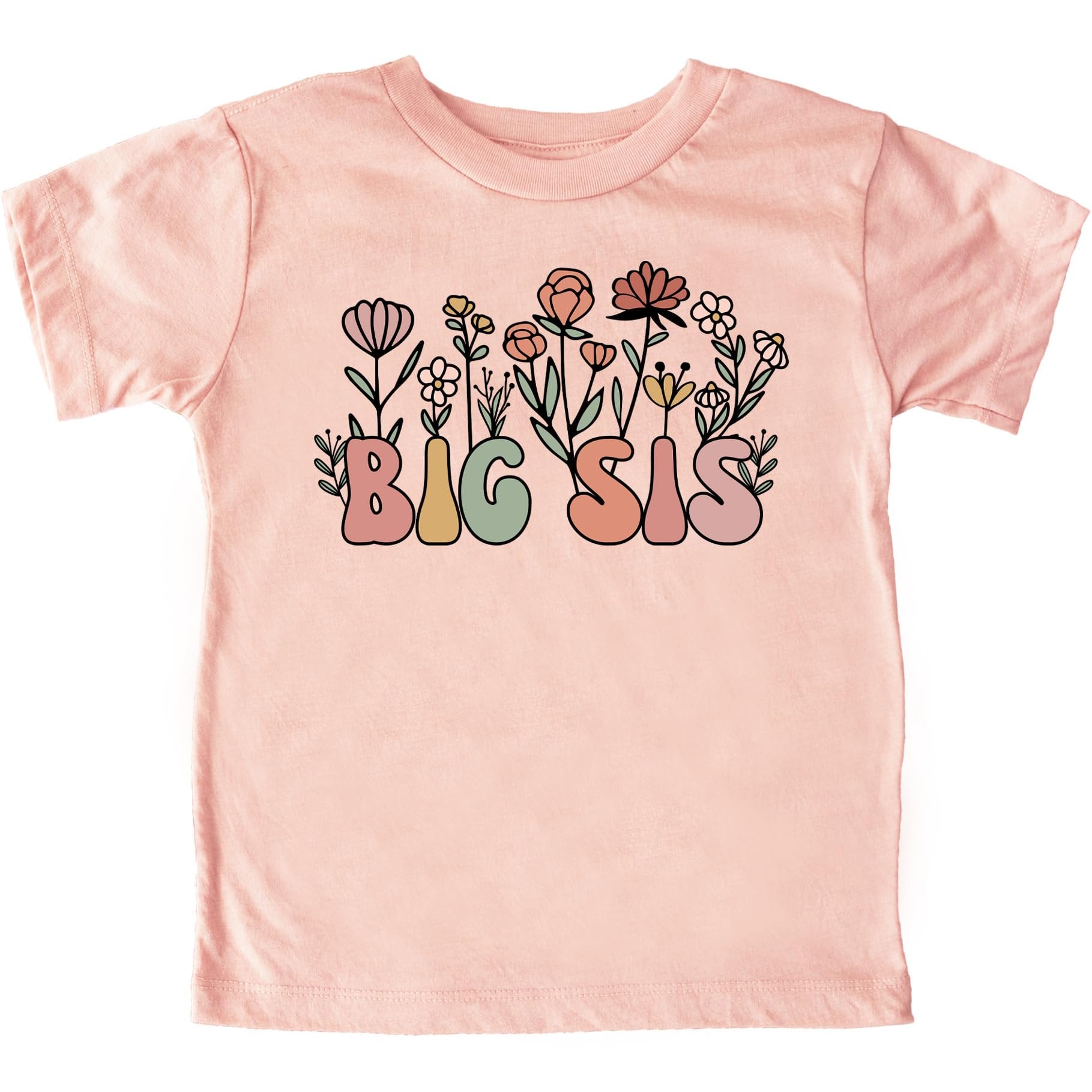 Close-up of floral big sis shirt design with vibrant flowers and bold colorful letters