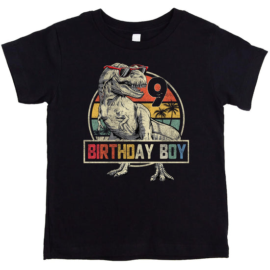 Front view of kids dinosaur birthday shirt with sunglasses T-Rex graphic for 9th birthday
