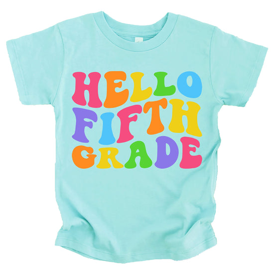 Hello 5th Grade back to school graphic tee laid flat showing full design detail