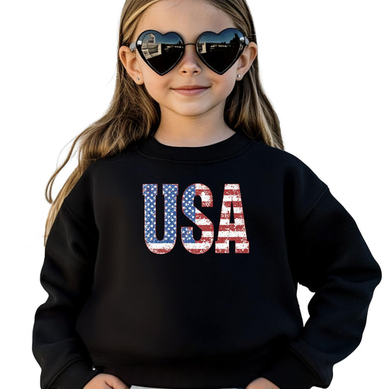 Distressed USA flag graphic crewneck sweatshirt in black, front view