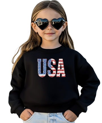 Distressed USA flag graphic crewneck sweatshirt in black, front view