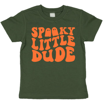 Spooky Little Dude vintage burgundy ghost and ghouls Halloween graphic tee for toddler and baby boys