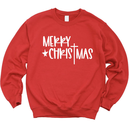 Close-up of Merry Christmas cross graphic print on red sweatshirt showing vibrant detail