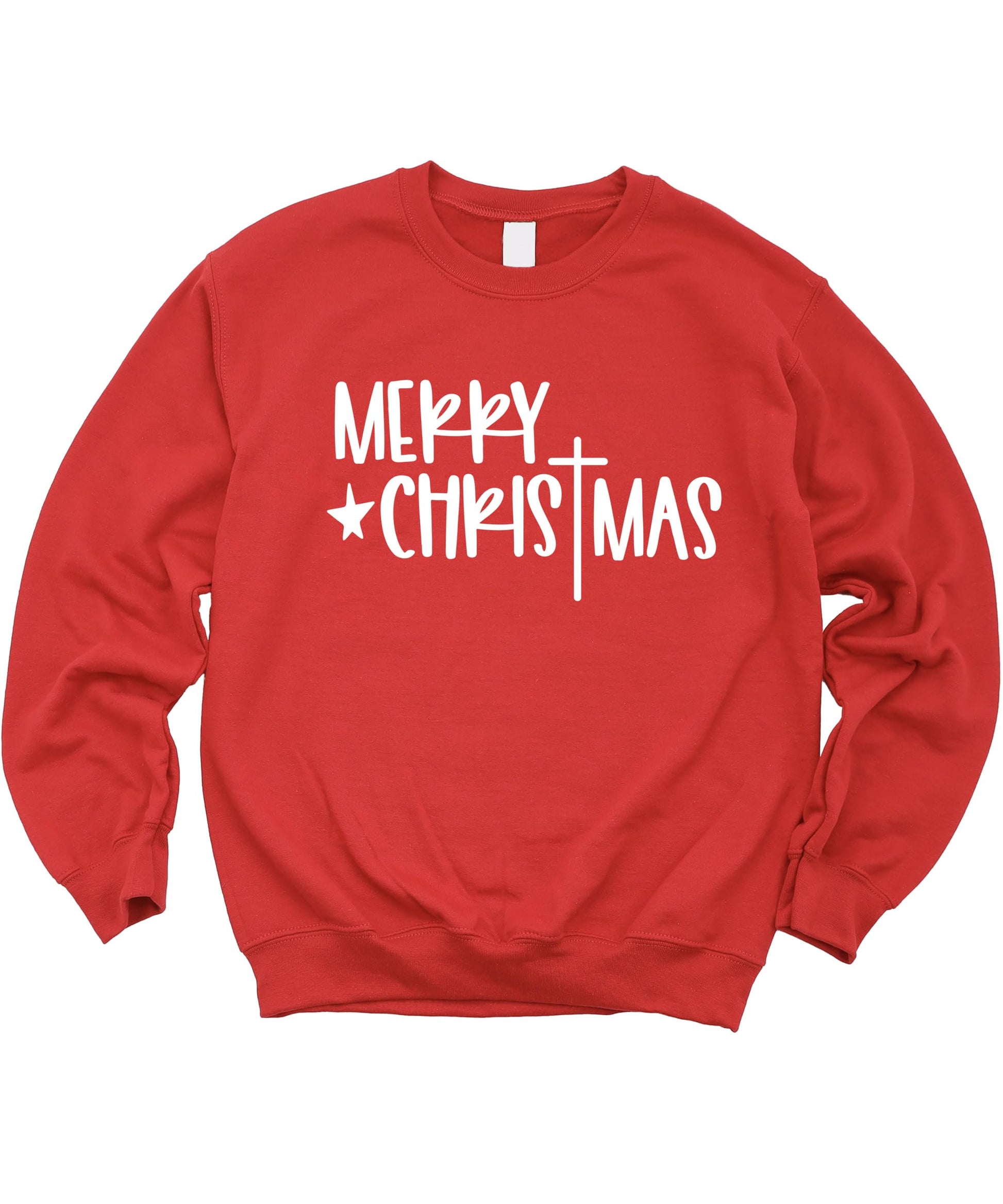 Close-up of Merry Christmas cross graphic print on red sweatshirt showing vibrant detail