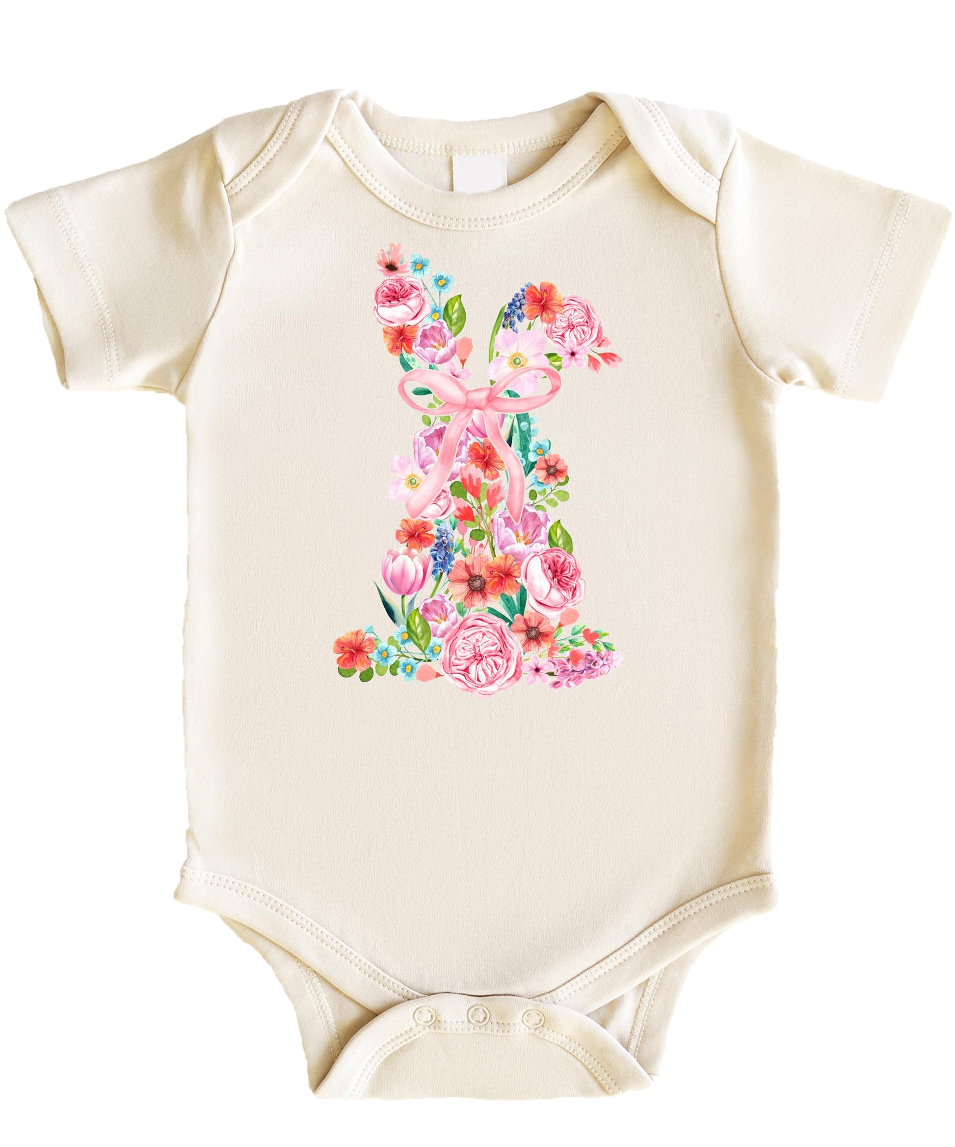 Baby girl wearing a white bodysuit with a watercolor floral Easter bunny and pink bow design