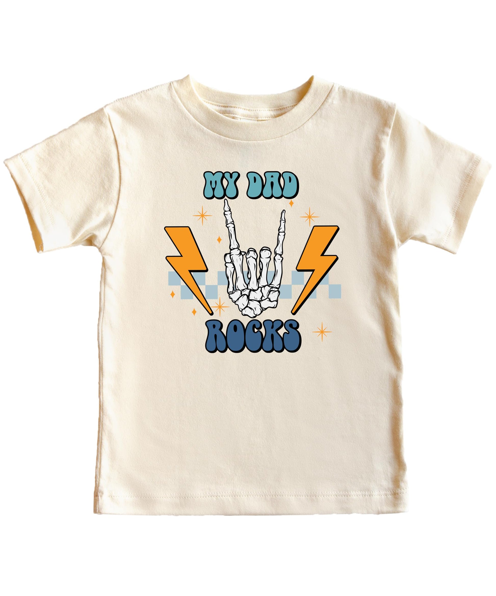 Young child wearing My Dad Rocks natural graphic tee with skeleton hand print