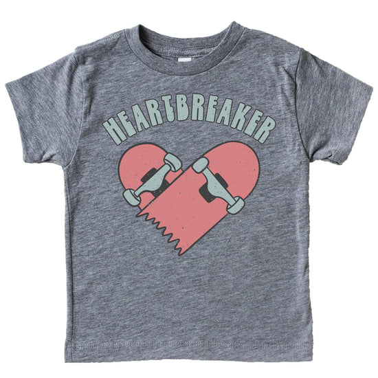 Kids Valentine's Day graphic tee with skateboard and heartbreaker design in hot pink