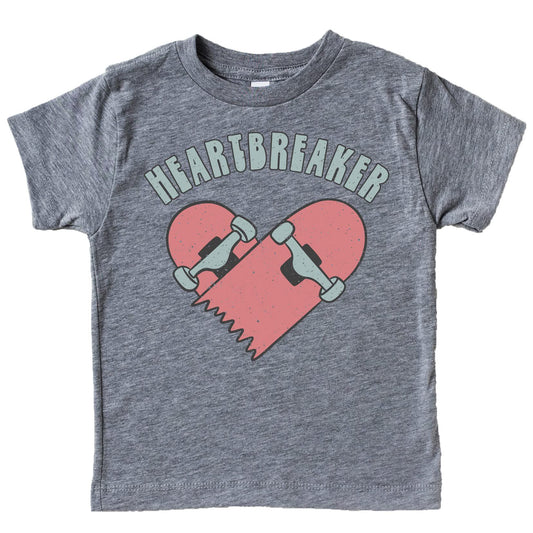 Kids Valentine's Day graphic tee with skateboard and heartbreaker design in hot pink