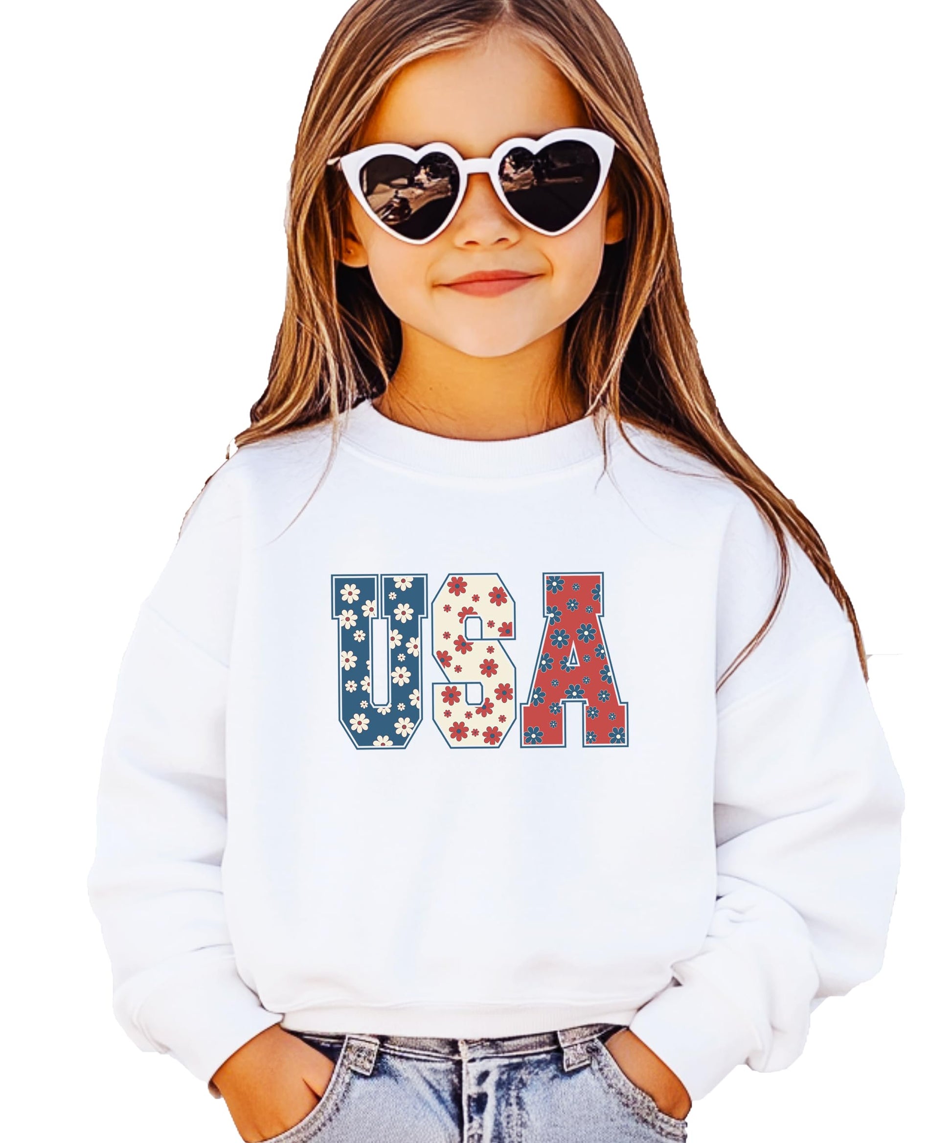 Close-up of floral USA print on white sweatshirt showing vibrant red white and blue colors