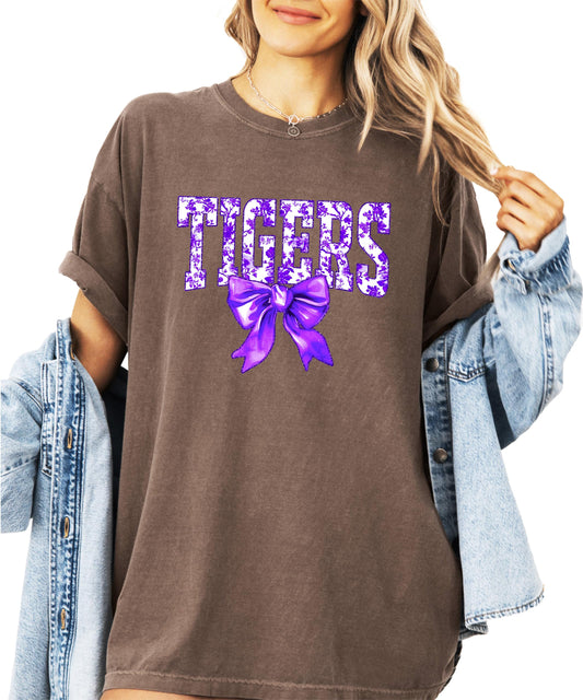 Purple floral Tigers shirt with decorative bow design for women
