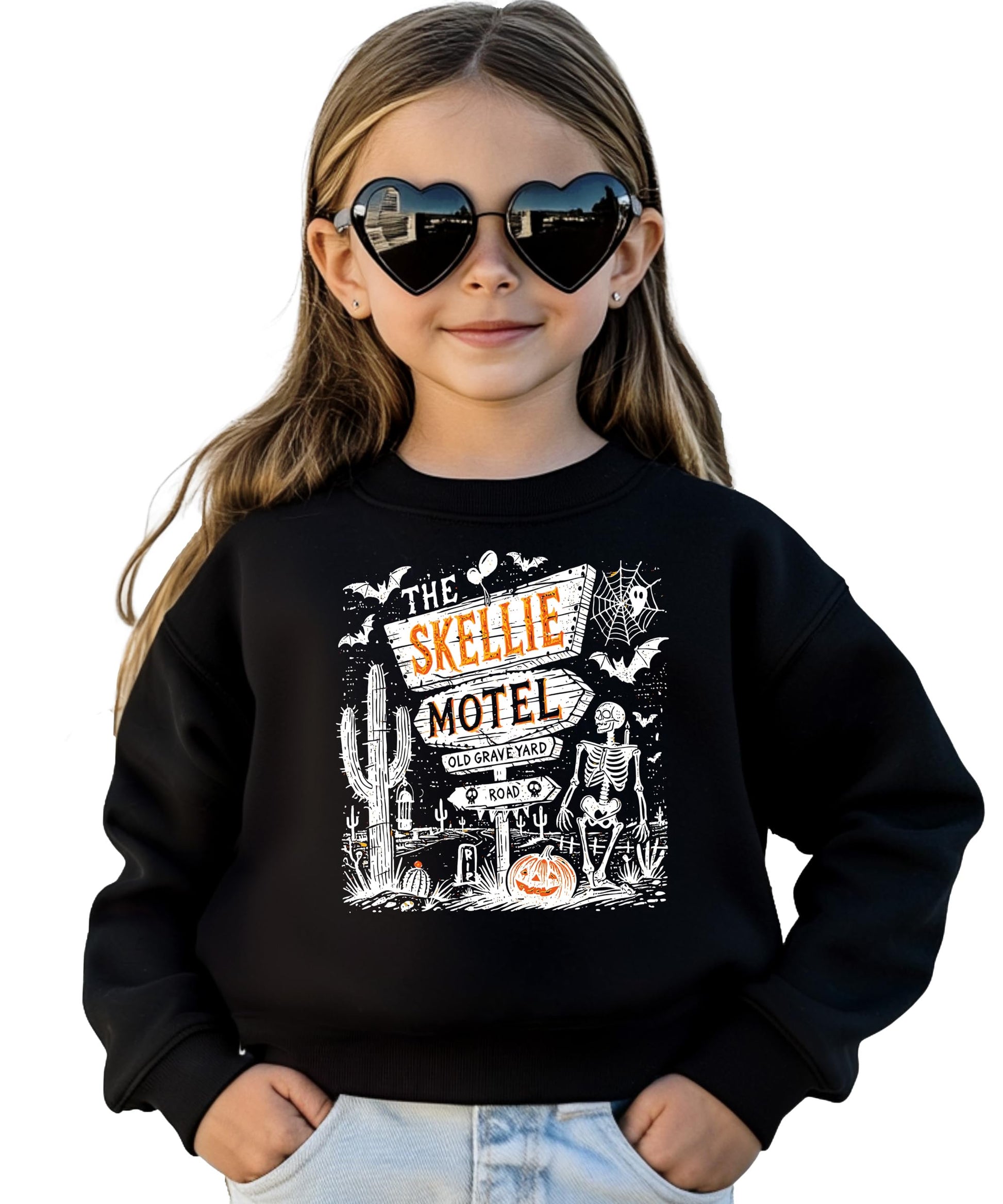 Olive Loves Apple The Skellie Hotel Halloween crewneck sweatshirt with spooky skeleton and pumpkin graphic design