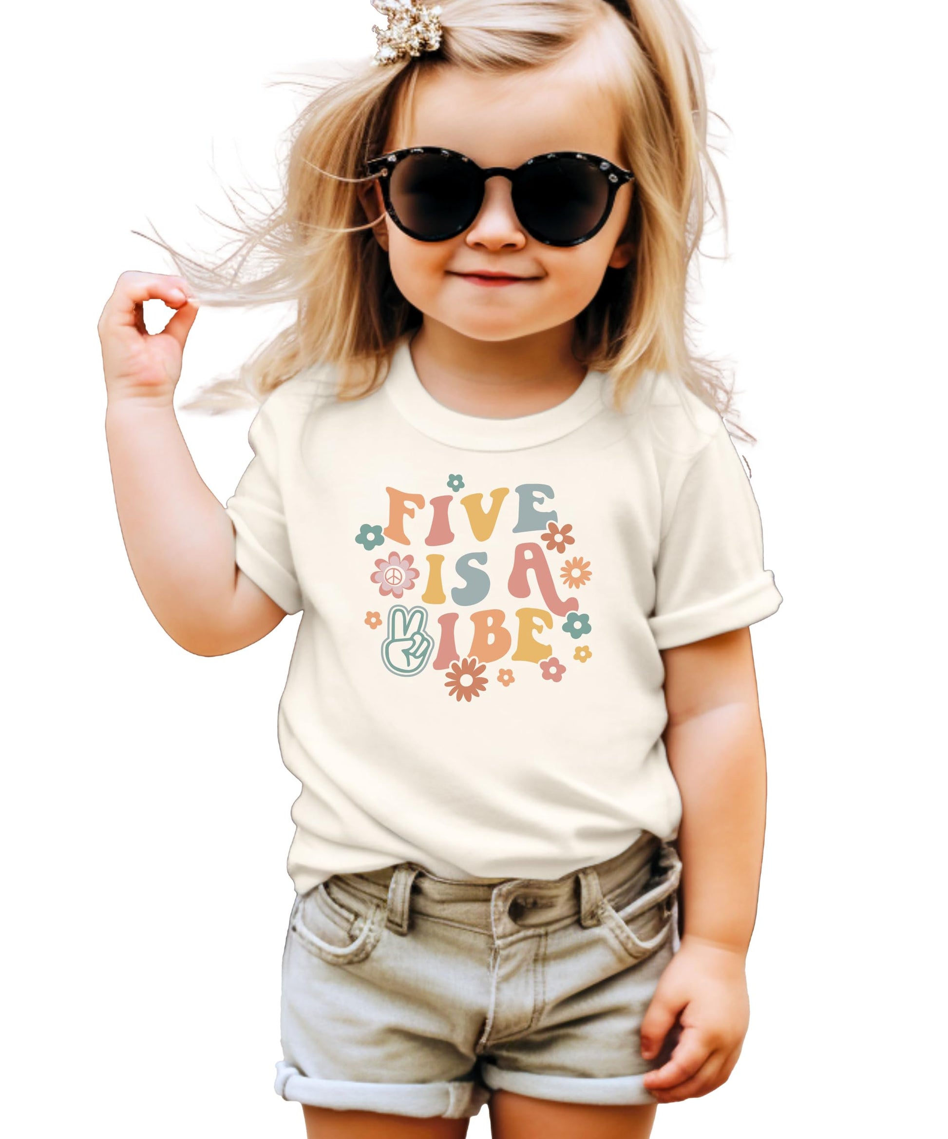 Girls' natural color tee with groovy retro 'Five is a Vibe' graphic featuring colorful flowers and peace sign